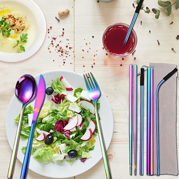 🌸 10PC COLOR SILVERWARE TRAVEL BUNDLE SET HOME EAT DINNER FORK SPOON KNIFE GIFT - Picture 2 of 6